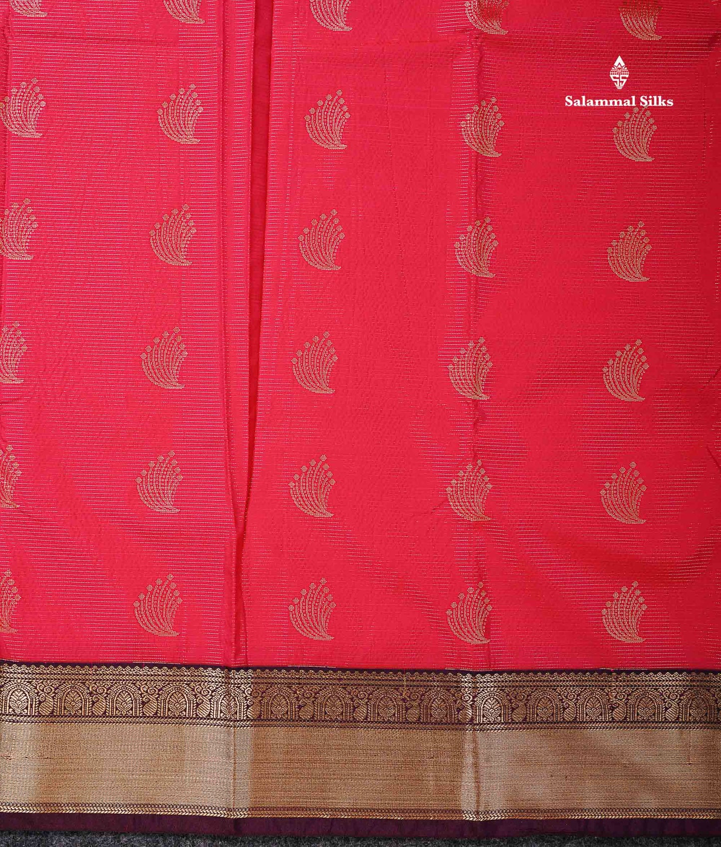 Semi Silk Saree - Rani Pink Butta With Vaira Oosi Lines Along With Contrast Dark Purple Traditional Border
