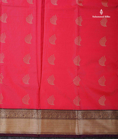 Semi Silk Saree - Rani Pink Butta With Vaira Oosi Lines Along With Contrast Dark Purple Traditional Border