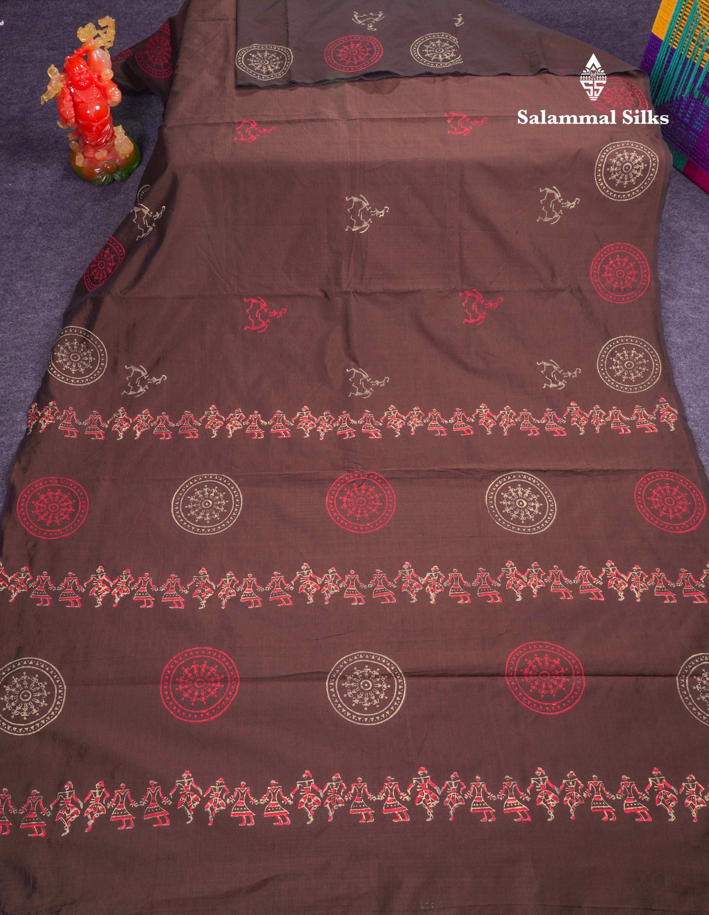Beautiful Brown South Cotton Printed Saree With Contrast Dark Sandal Blouse