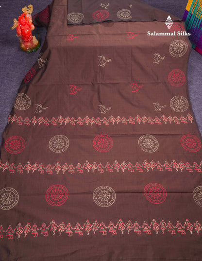 Beautiful Brown South Cotton Printed Saree With Contrast Dark Sandal Blouse