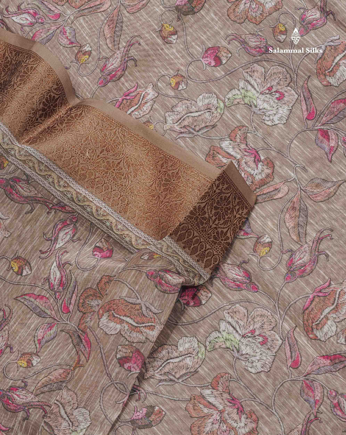 Cotton Mix Saree - Light Grey Colour Body Floral Design With Fancy Border