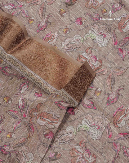 Cotton Mix Saree - Light Grey Colour Body Floral Design With Fancy Border