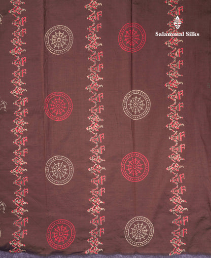 Beautiful Brown South Cotton Printed Saree With Contrast Dark Sandal Blouse