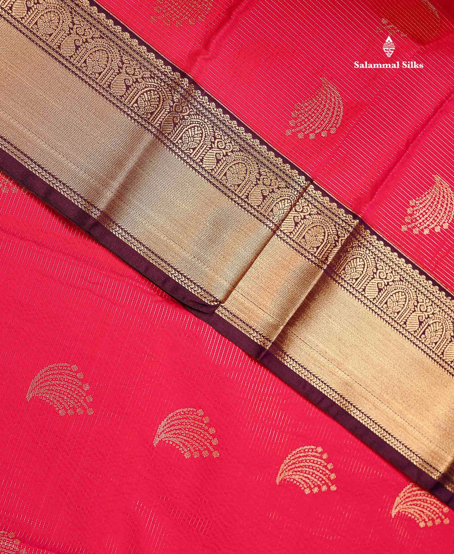 Semi Silk Saree - Rani Pink Butta With Vaira Oosi Lines Along With Contrast Dark Purple Traditional Border