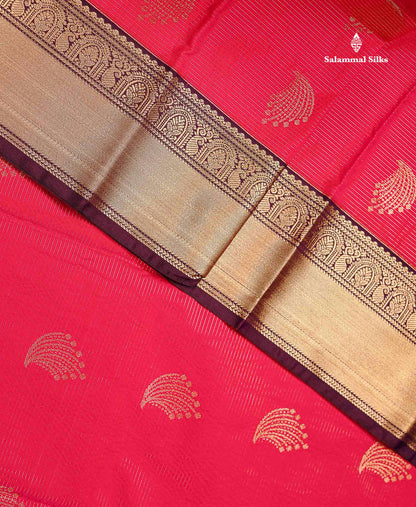 Semi Silk Saree - Rani Pink Butta With Vaira Oosi Lines Along With Contrast Dark Purple Traditional Border