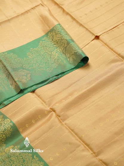 Beautiful Sandal PureMix Kanjivaram Soft Silk Saree With Contrast Sapphire Green Vanasingaram Fancy Border