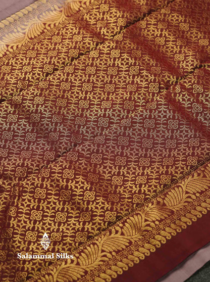 Beautiful Light Lavender PureMix Kanjivaram Soft Silk Saree With Contrast Maroon Border
