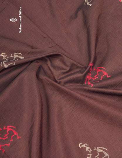 Beautiful Brown South Cotton Printed Saree With Contrast Dark Sandal Blouse