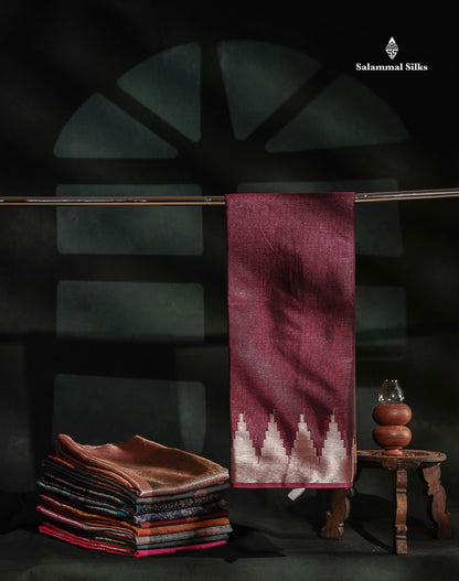Cotton Mix - Maroon Plain Fancy Saree Along With Traditional Temple Border