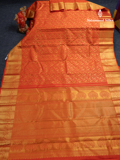 Beautiful Orange Bridal Pure Kanjivaram Silk Saree With Traditional Border