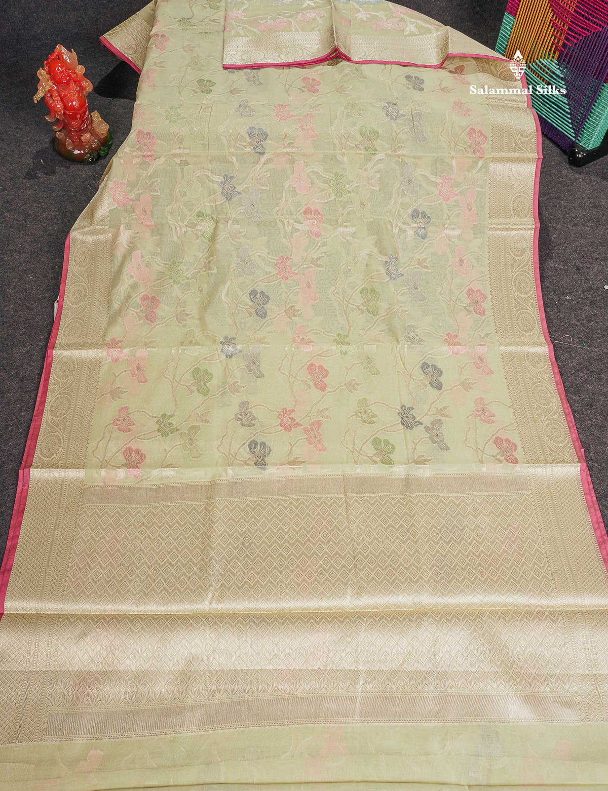 Cotton Mix Saree - Light Pista Green Colour Thread Work Body With Fancy Border 