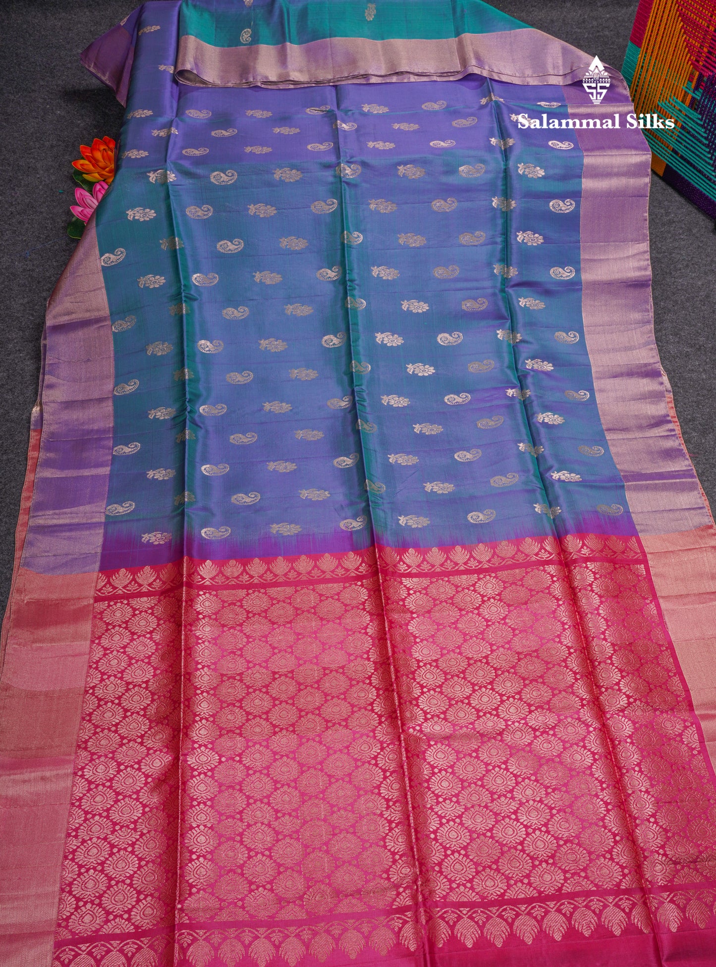 Peacock Blue Pure Silk Mix Soft Silk Saree With Contrast Pink Shade Blouse
