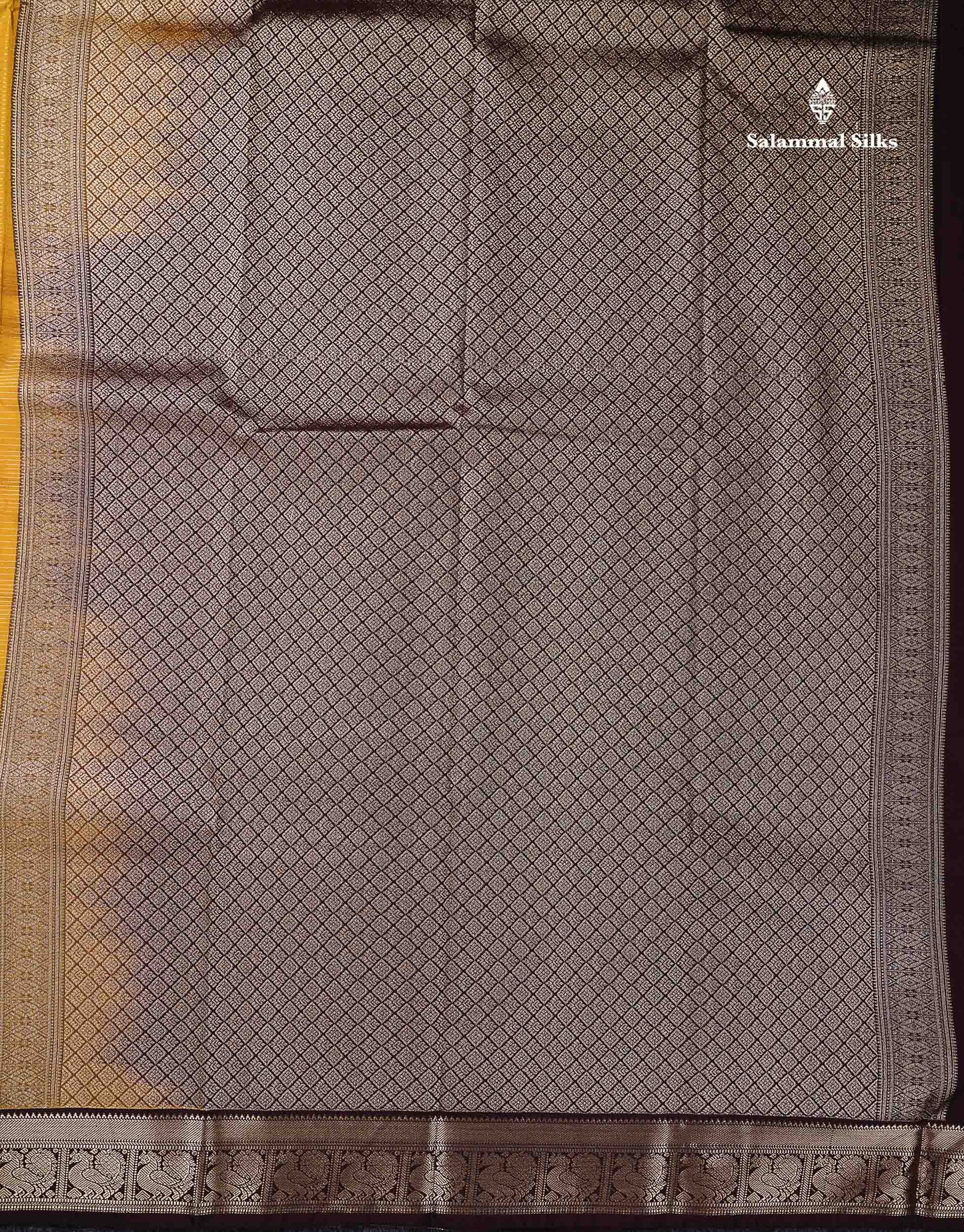 Semi Silk Saree -  Mustard Yellow Butta With Vaira Oosi Lines Along With Contrast Dark Brown Small Traditional Border