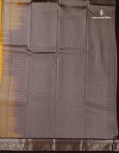 Semi Silk Saree -  Mustard Yellow Butta With Vaira Oosi Lines Along With Contrast Dark Brown Small Traditional Border