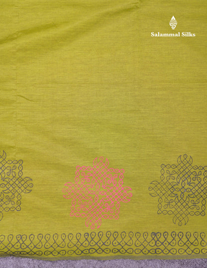 Beautiful Parrot Green South Cotton Printed Saree With Contrast Vadamalli Blouse