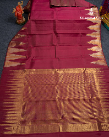 Beautiful Dark Maroon Plain Pure Kanjivaram Silk Saree With Traditional Temple Border