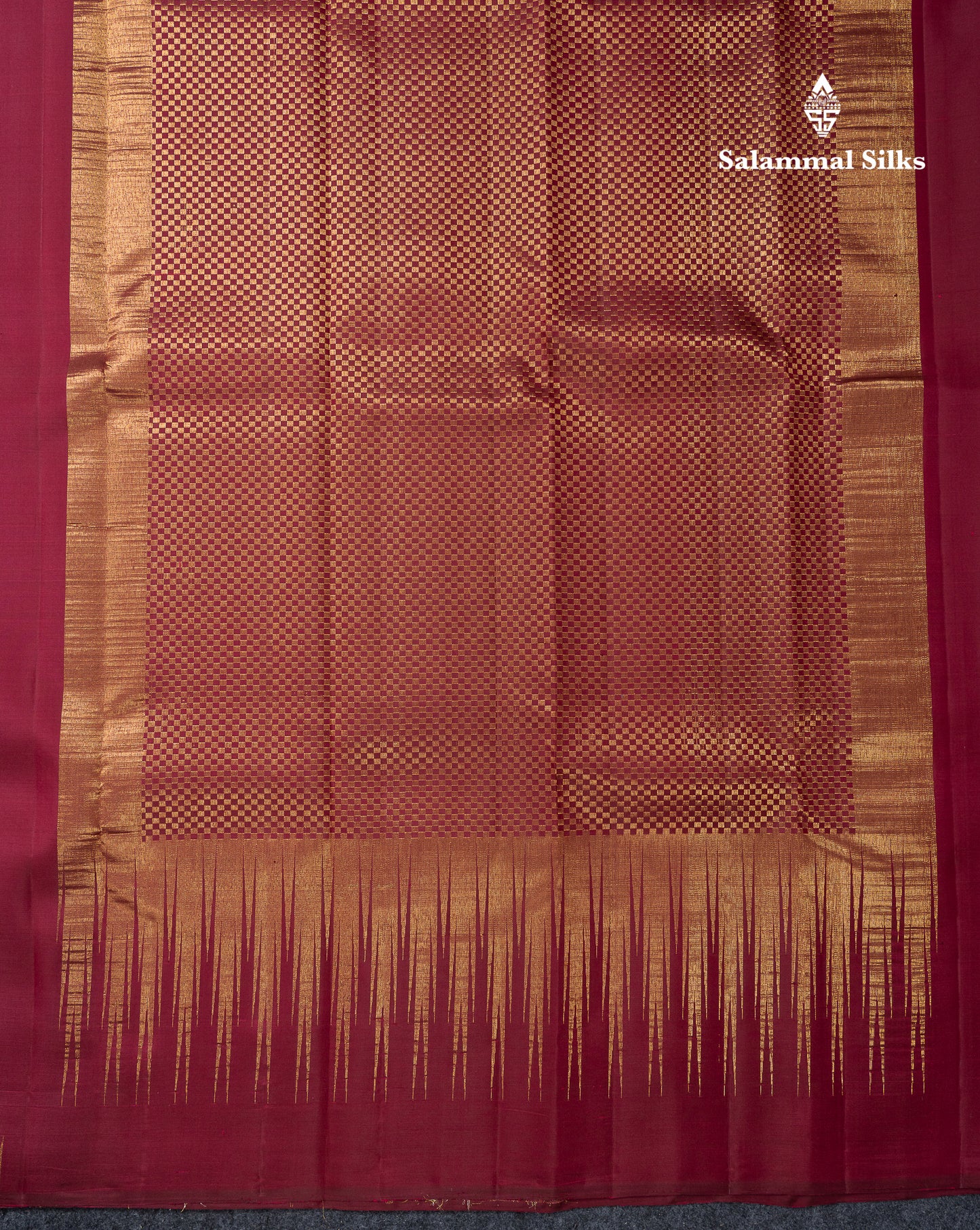 Beautiful Dark Maroon Plain Pure Kanjivaram Silk Saree With Traditional Temple Border