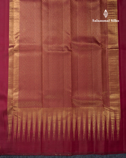 Beautiful Dark Maroon Plain Pure Kanjivaram Silk Saree With Traditional Temple Border