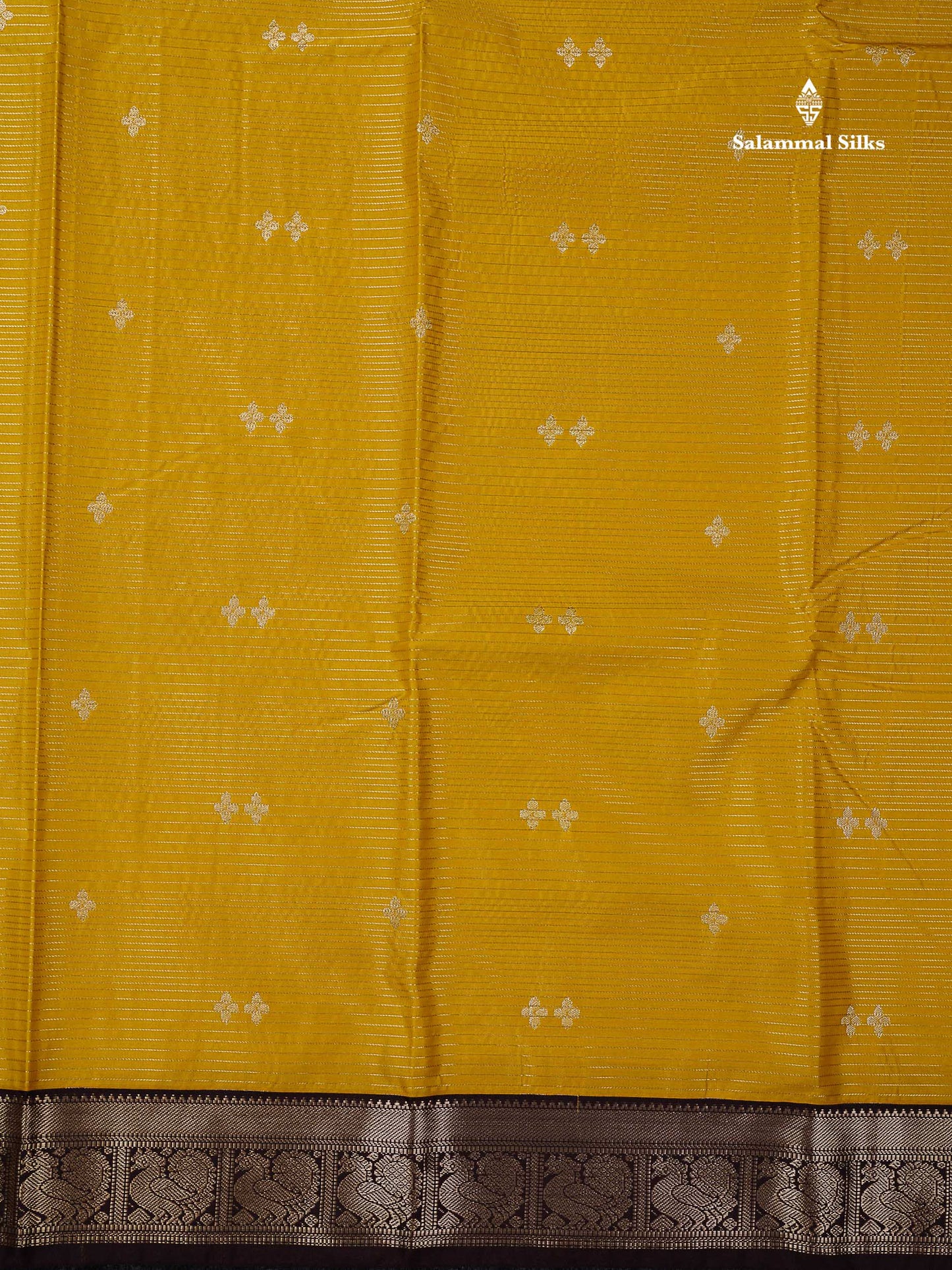 Semi Silk Saree -  Mustard Yellow Butta With Vaira Oosi Lines Along With Contrast Dark Brown Small Traditional Border