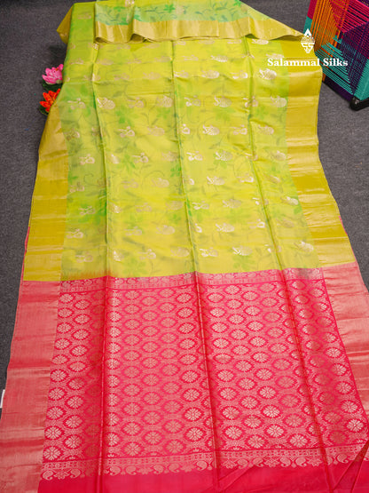 Parrot Green Pochampally Design Pure Silk Mix Soft Silk Saree With Contrast Pink Blouse