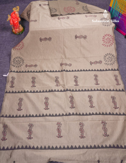 Beautiful Reddish Maroon South Cotton Printed Saree With Contrast Cream Sandal Blouse
