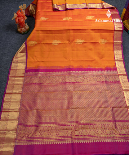 Beautiful Orange Pure Kanjivaram Silk Saree With Contrast Magenta Traditional Evening Morning Border