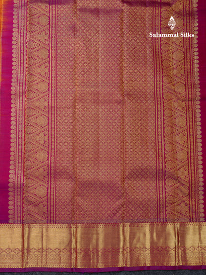 Beautiful Orange Pure Kanjivaram Silk Saree With Contrast Magenta Traditional Evening Morning Border