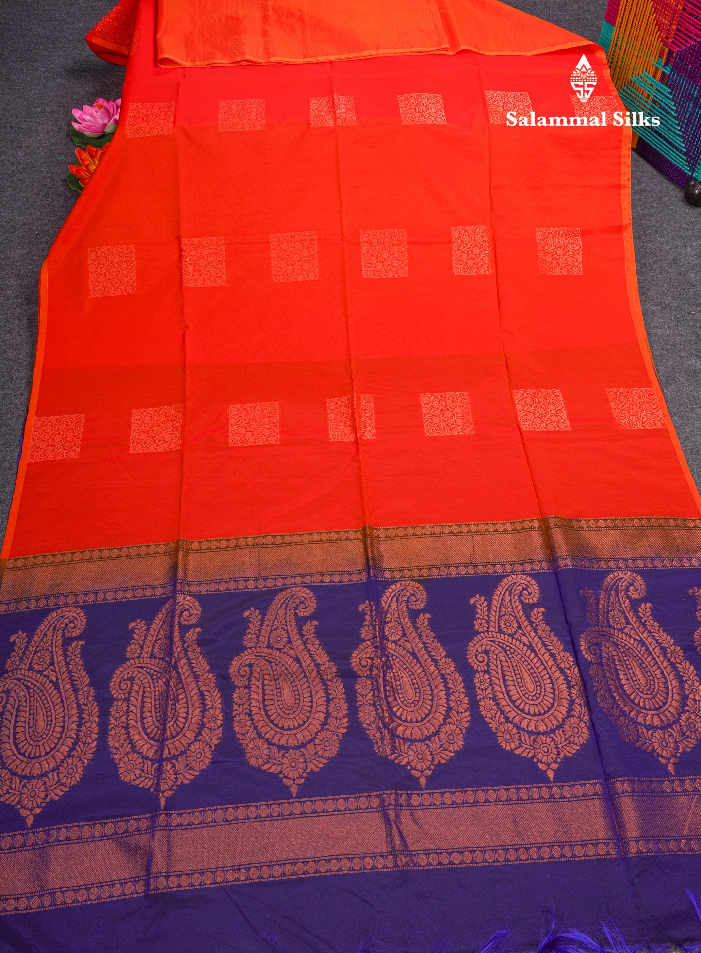 Beautiful Reddish Orange SICO Cotton Saree With Contrast Violet Blouse