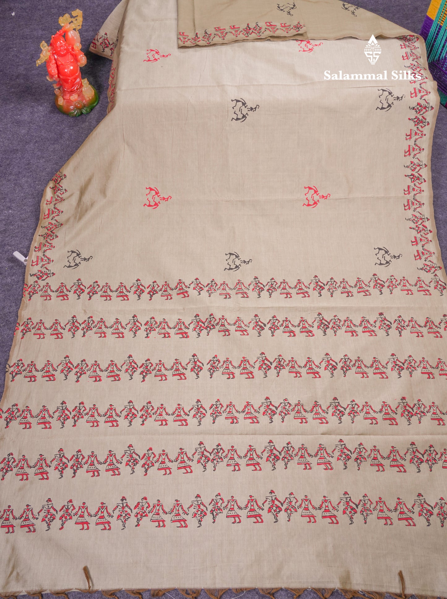 Beautiful Brown South Cotton Printed Saree With Contrast Dark Sandal Blouse