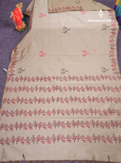 Beautiful Brown South Cotton Printed Saree With Contrast Dark Sandal Blouse