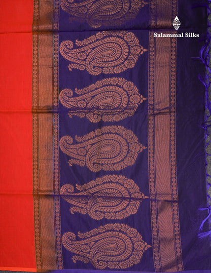 Beautiful Reddish Orange SICO Cotton Saree With Contrast Violet Blouse