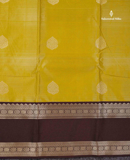 Semi Silk Saree - Manthulir Yellow Butta With Alai Vaira Oosi Lines Along With Contrast Dark Brown Traditional Rettapet Border