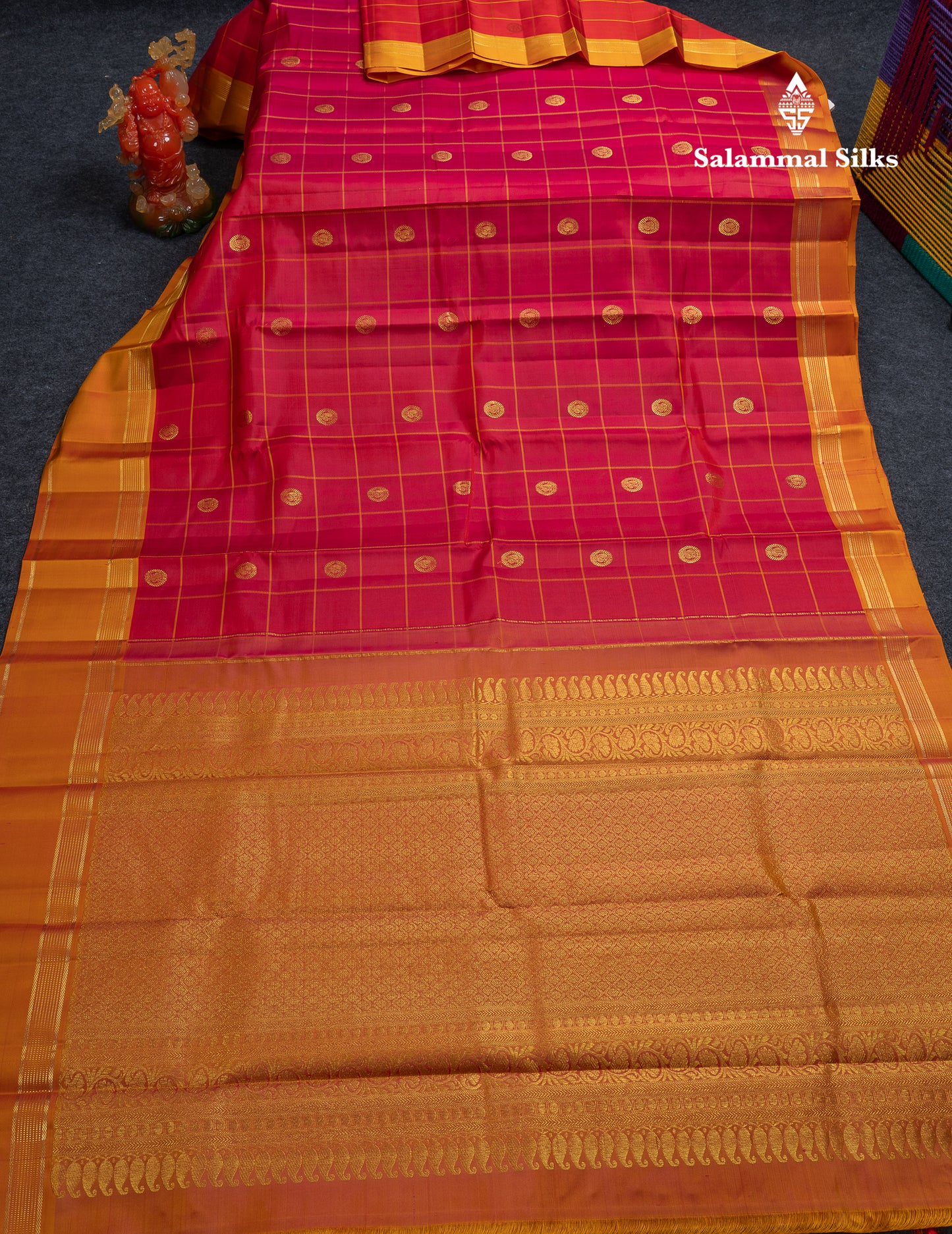 Beautiful Dark Brown Checks With Zari Butta Pure Kanjivaram Silk Saree With Contrast Mustard Yellow Traditional Gap Border
