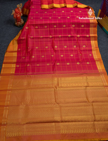 Beautiful Dark Brown Checks With Zari Butta Pure Kanjivaram Silk Saree With Contrast Mustard Yellow Traditional Gap Border