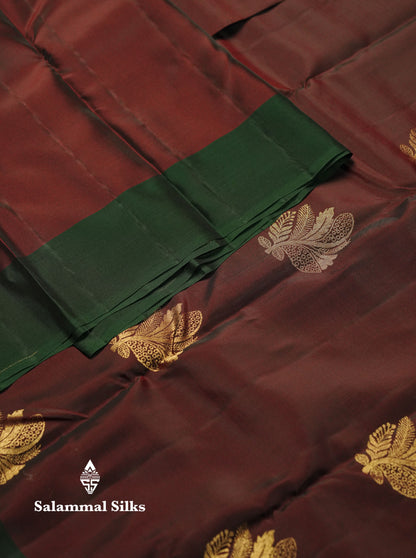 Beautiful Maroon PureMix Kanjivaram Soft Silk Saree With Contrast Bottle Green Border