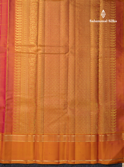 Beautiful Dark Brown Checks With Zari Butta Pure Kanjivaram Silk Saree With Contrast Mustard Yellow Traditional Gap Border