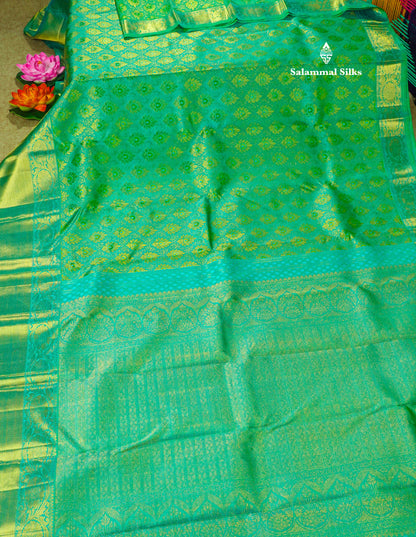 Peacock Green Pure Kanjivaram Silk Saree 3G Zari with Gold Zari Long Border