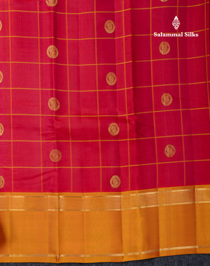 Beautiful Dark Brown Checks With Zari Butta Pure Kanjivaram Silk Saree With Contrast Mustard Yellow Traditional Gap Border
