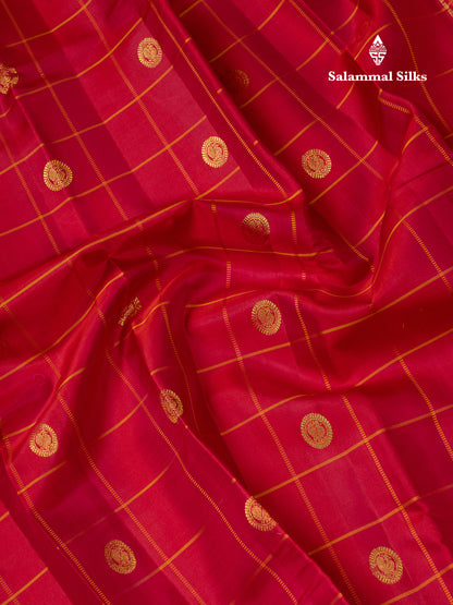 Beautiful Dark Brown Checks With Zari Butta Pure Kanjivaram Silk Saree With Contrast Mustard Yellow Traditional Gap Border