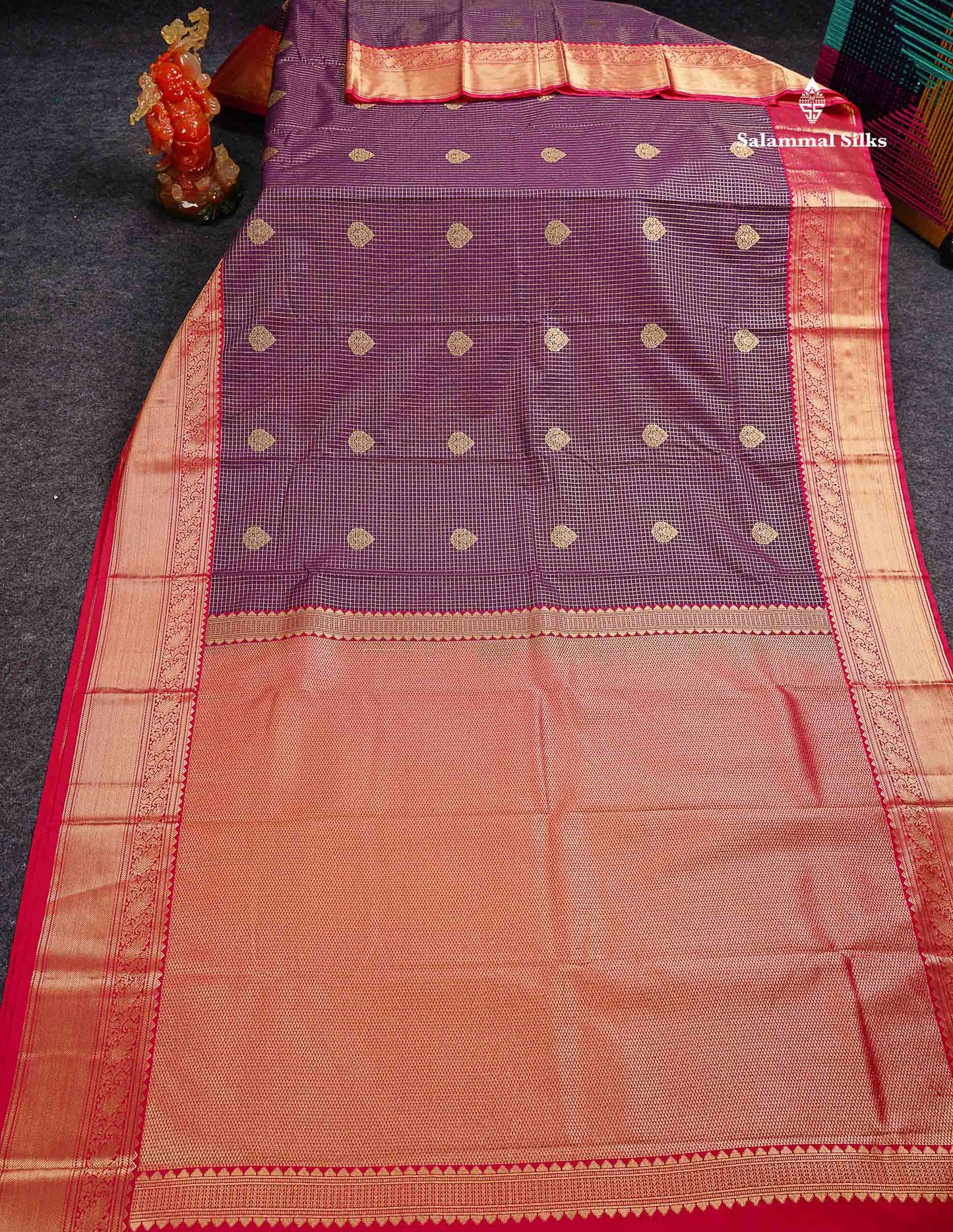 Semi Silk Saree -  Dark Purple Butta With Small Checks Along With Contrast Red Traditional Border