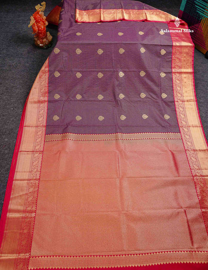 Semi Silk Saree -  Dark Purple Butta With Small Checks Along With Contrast Red Traditional Border