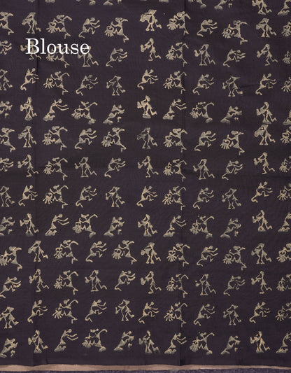Beautiful Brown South Cotton Printed Saree With Contrast Dark Sandal Blouse