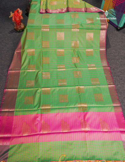 Semi Soft Silk Saree - Light Green Colour Body Small Checks With Contrast Pink Blouse