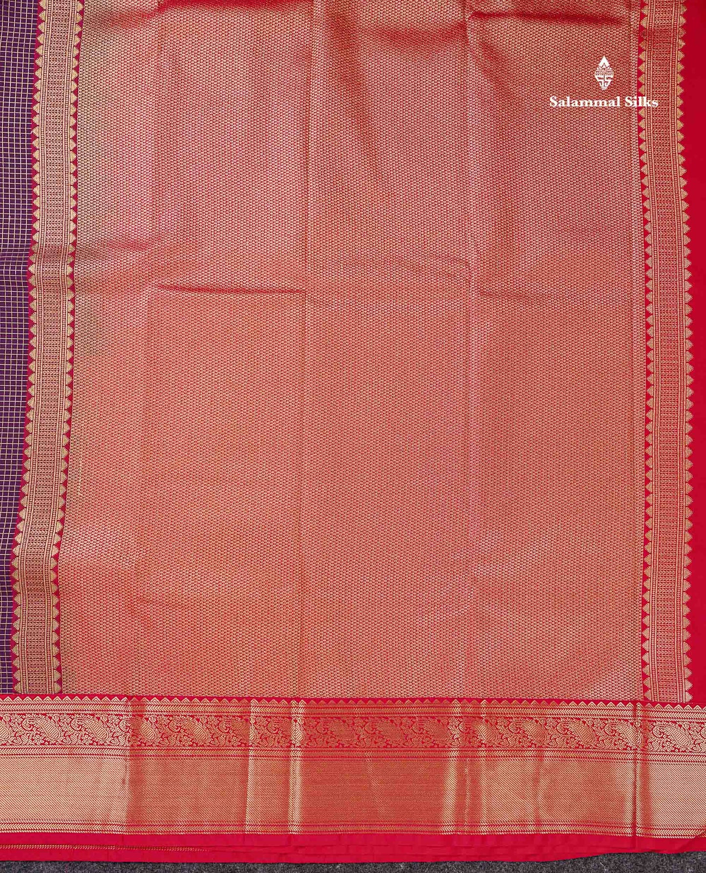Semi Silk Saree -  Dark Purple Butta With Small Checks Along With Contrast Red Traditional Border