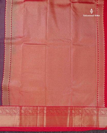 Semi Silk Saree -  Dark Purple Butta With Small Checks Along With Contrast Red Traditional Border
