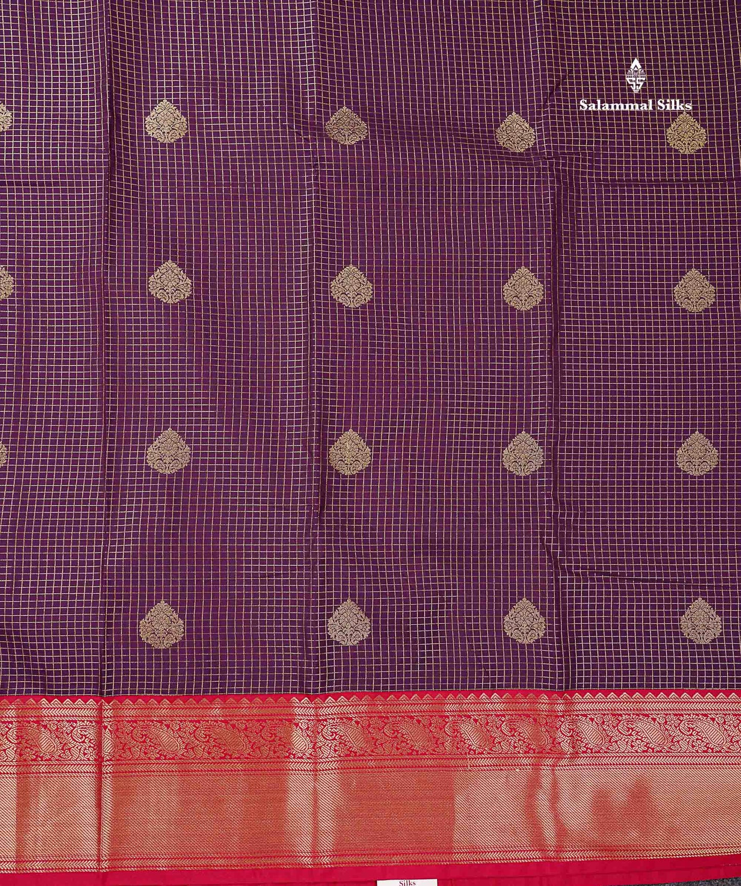 Semi Silk Saree -  Dark Purple Butta With Small Checks Along With Contrast Red Traditional Border