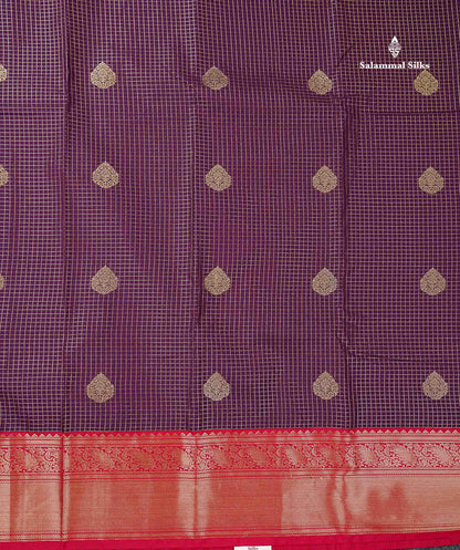 Semi Silk Saree -  Dark Purple Butta With Small Checks Along With Contrast Red Traditional Border