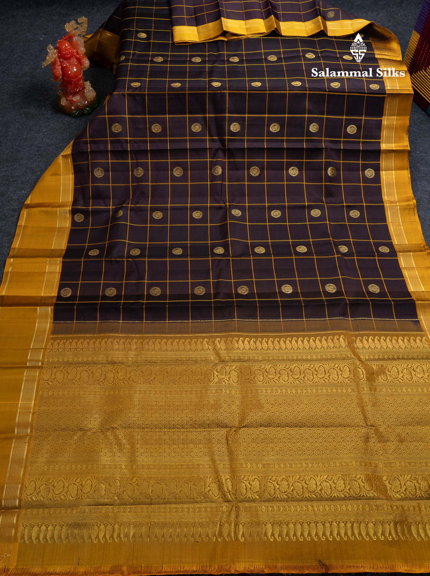 Beautiful Dark Brown Checks With Zari Butta Pure Kanjivaram Silk Saree With Contrast Mustard Yellow Traditional Gap Border