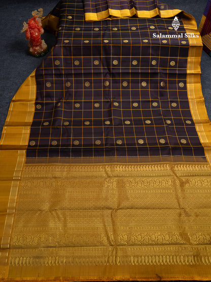Beautiful Dark Brown Checks With Zari Butta Pure Kanjivaram Silk Saree With Contrast Mustard Yellow Traditional Gap Border