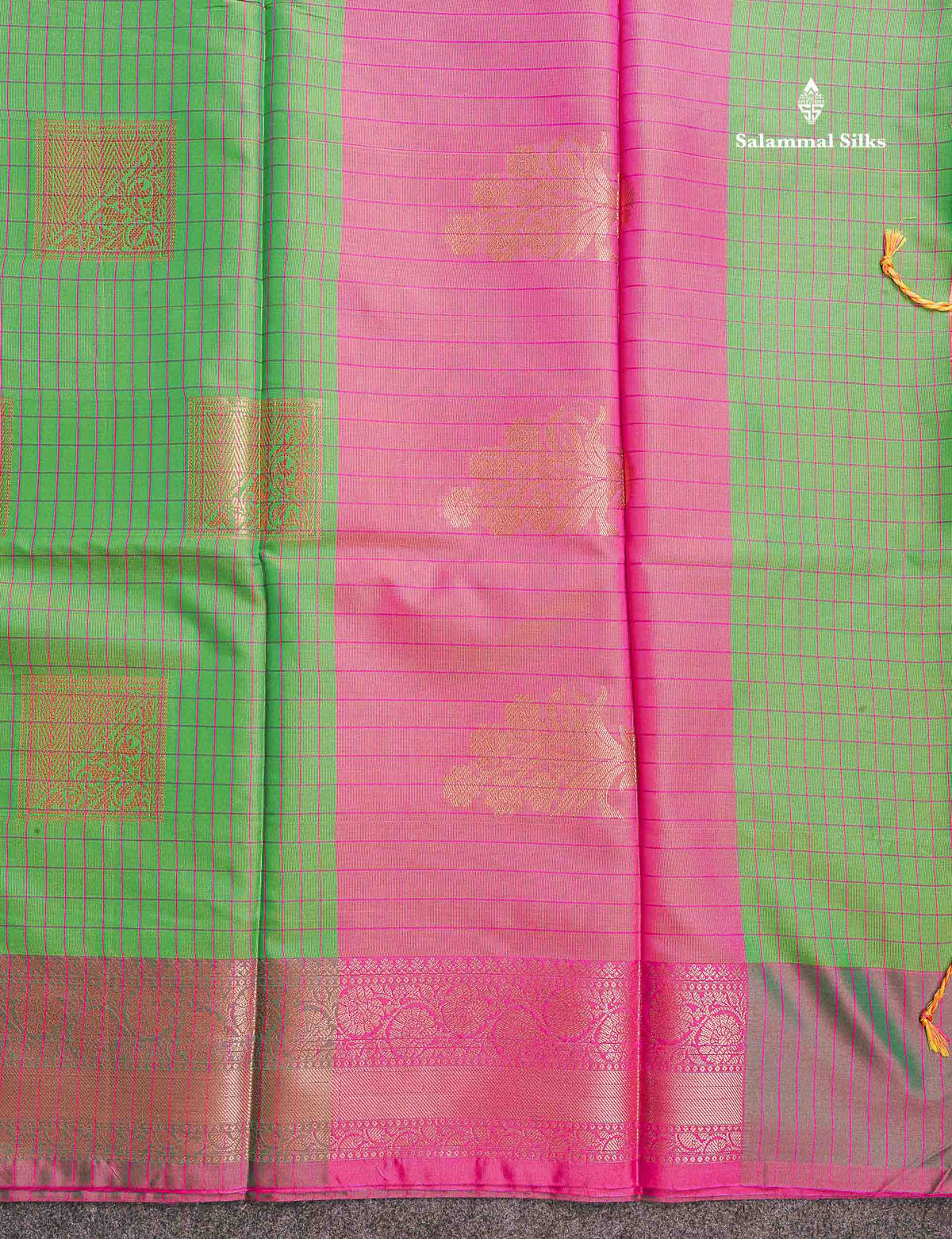 Semi Soft Silk Saree - Light Green Colour Body Small Checks With Contrast Pink Blouse